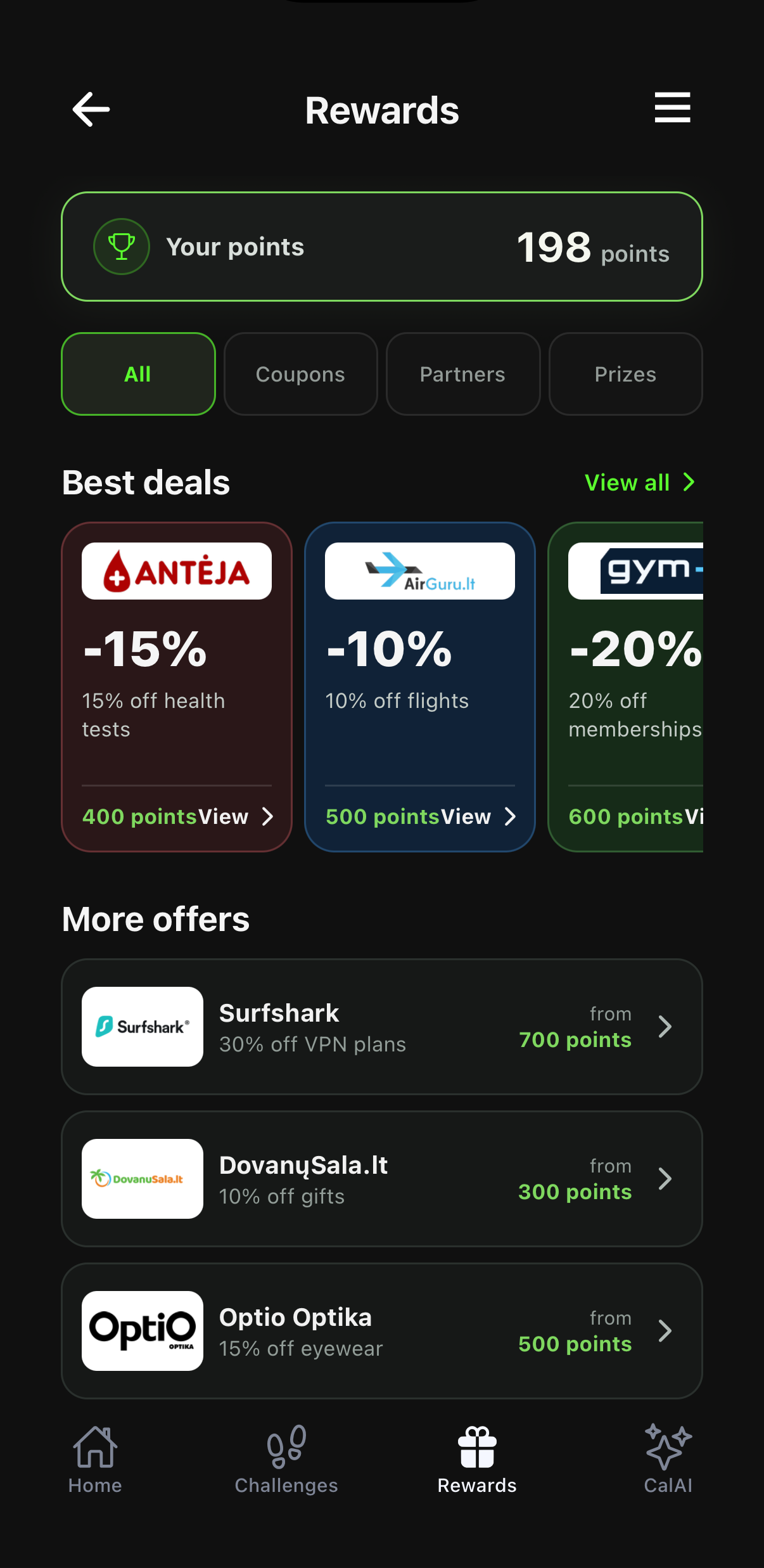 Calostep Rewards screen